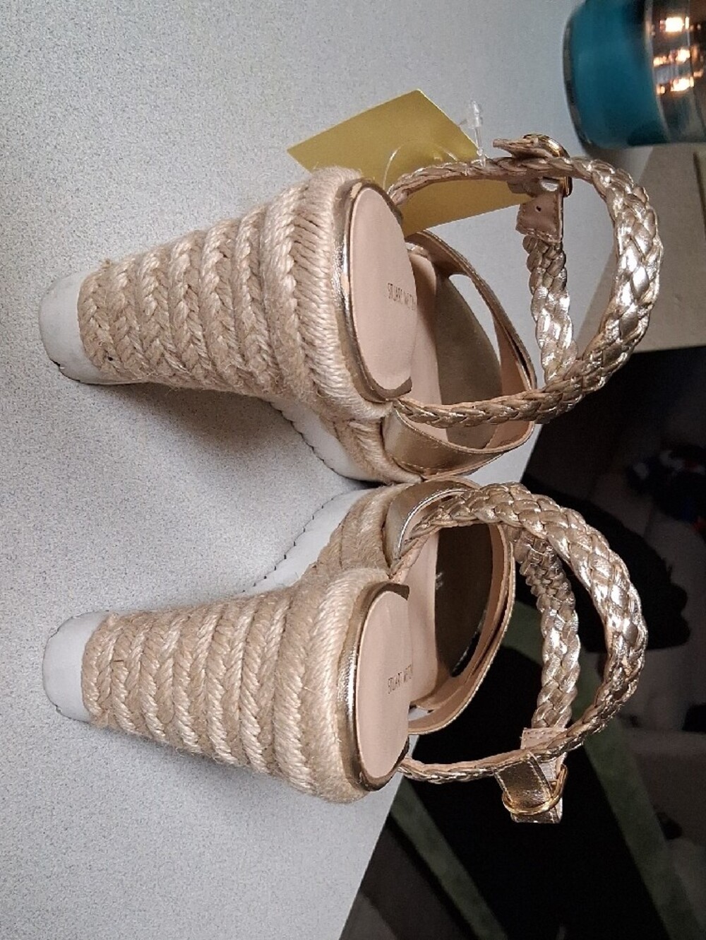 BNWT Stuart Weitzman MYKONOS Metallic Gold Braided Ankle Espadrille Wedges 7B - Picture 3 of 5